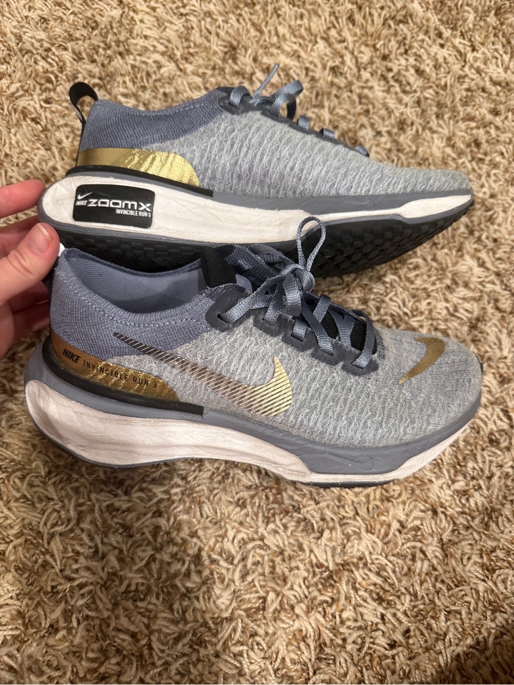 Nike Women’s Light Blue and Gold Invincible Run ZoomX Sneakers